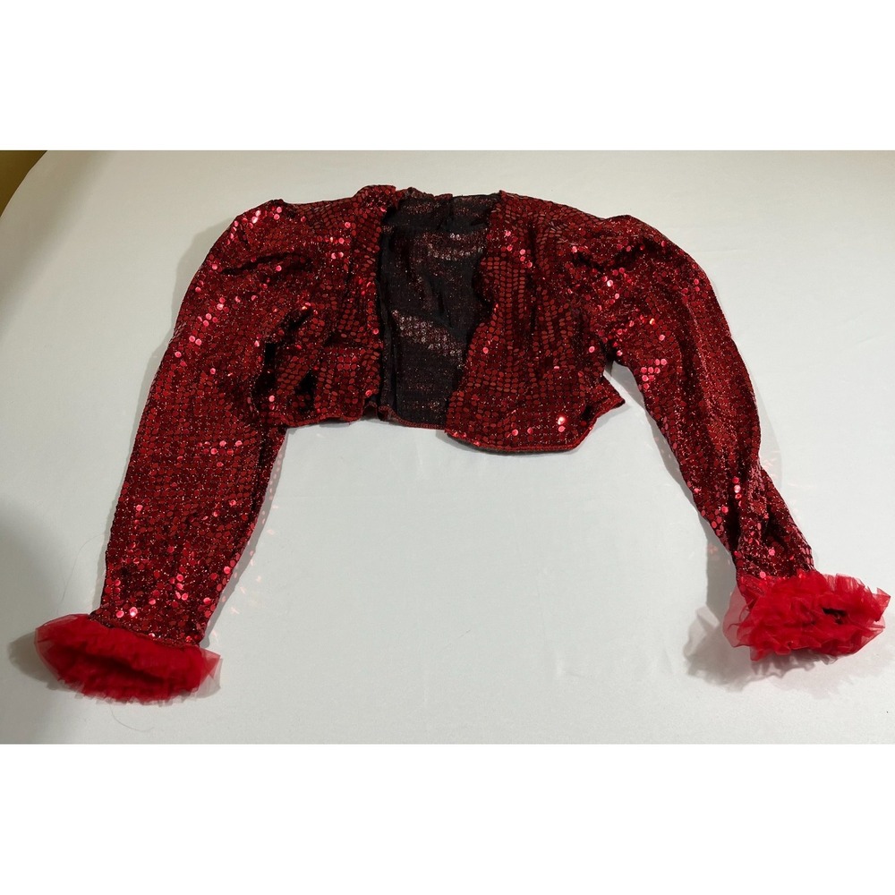 Vintage Red Sequin Crop Bolero Jacket Shrug Ruffle Cuff Glam Y2K Dance Costume